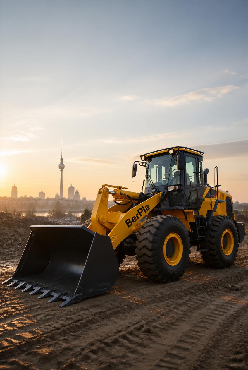 BerPla wheel loader with Berlin skyline at sunrise