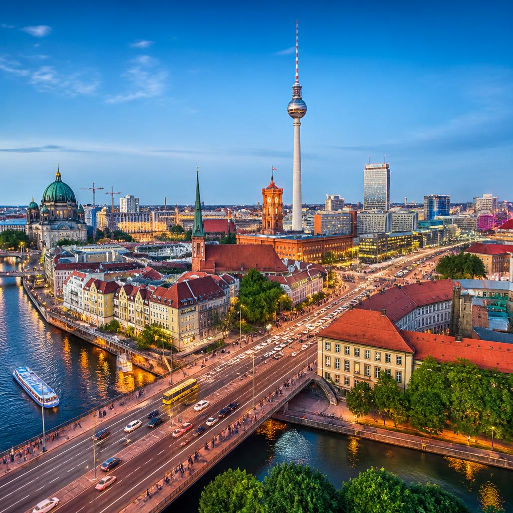 Berlin skyline at dusk with Fernsehturm
