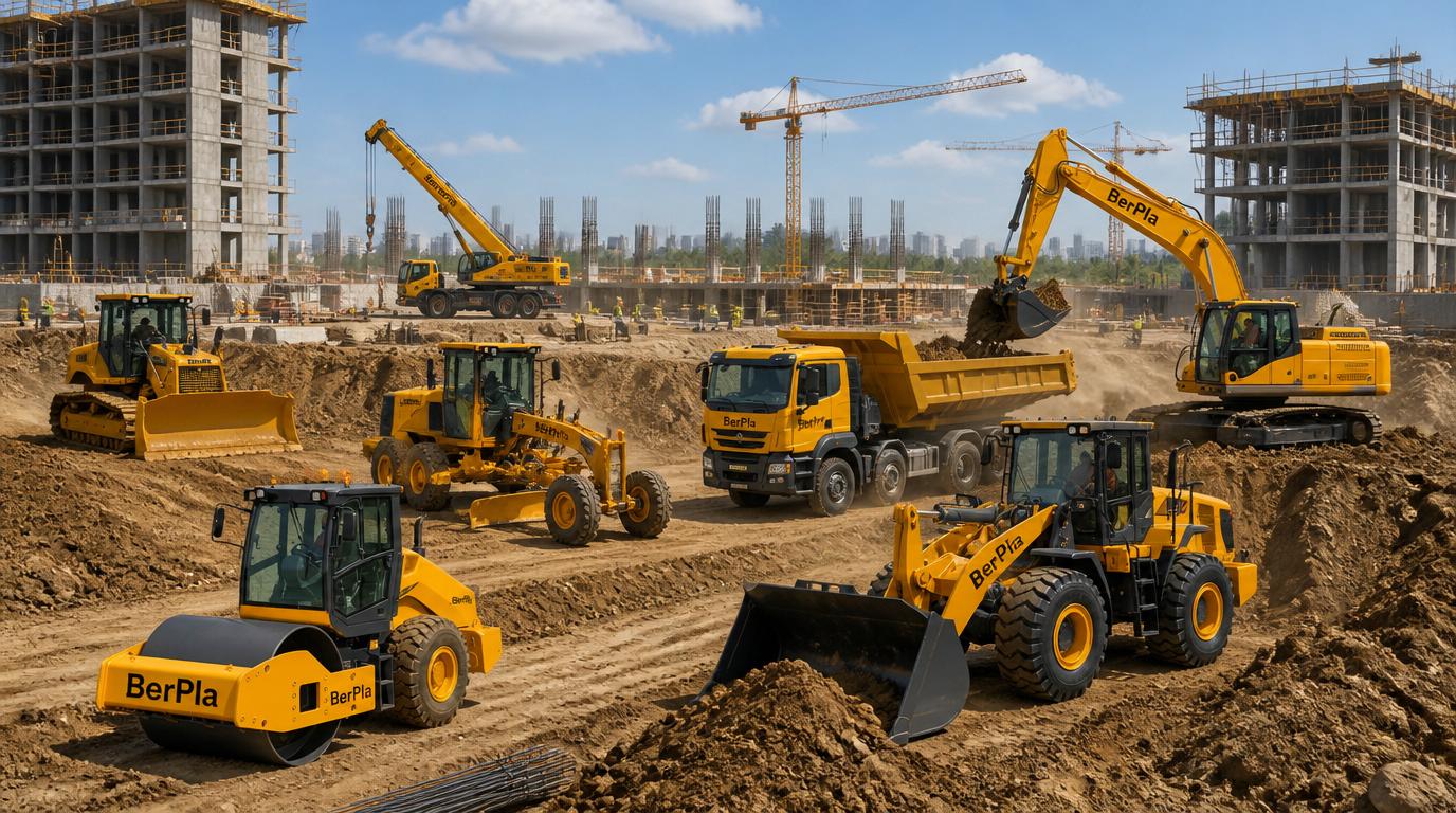 Busy construction site with cranes and excavators