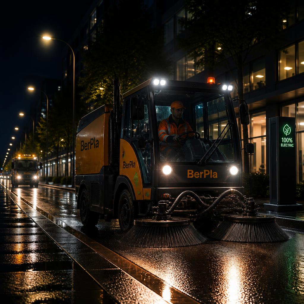 100% Electric BerPla sweeper at night