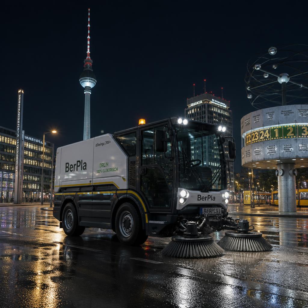 BerPla electric sweeper at night, Berlin Fernsehturm